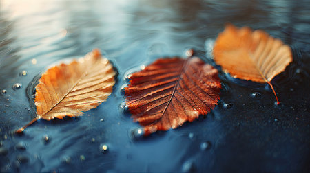 Autumn leaves on water surface. Nature background. Selective focus.の素材
