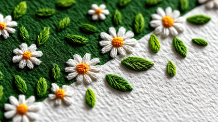 Embroidery with white flowers on a green felt background.の素材