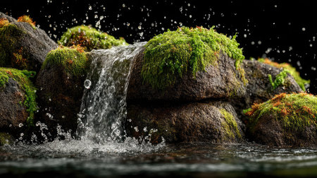 Waterfall on mossy stones with drops of water on black backgroundの素材
