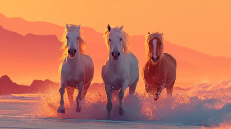White horses run gallop on the beach at sunset, California, USAの素材