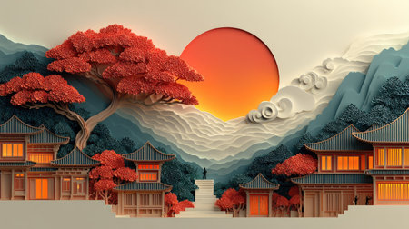 Paper art style of Korean traditional house and pagoda with mountain background.の素材