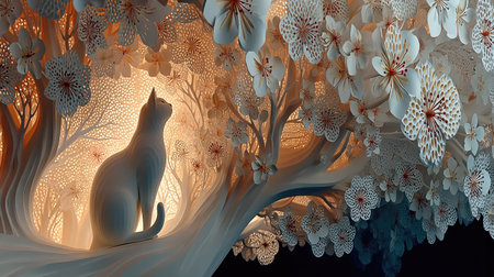 3D illustration of a cat sitting in a tree with white flowersの素材
