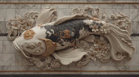 Koi fish sculpture on the wall of the Forbidden City, Beijing, Chinaの素材
