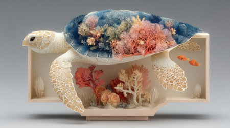 3d illustration of a turtle with corals on a gray backgroundの素材