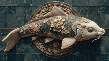 Carp fish with gold pattern on the wall. Japanese style.の素材