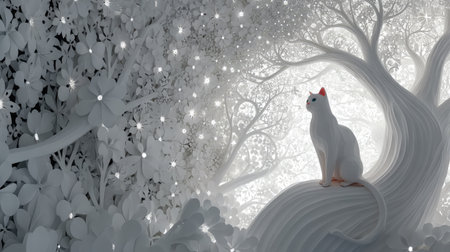 White cat sitting on a white tree in the winter forest. 3d renderingの素材