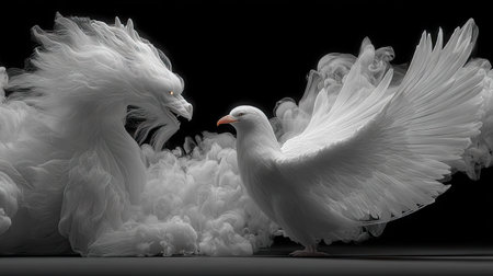 White pigeons on a black background. 3d rendering, 3d illustration.の素材