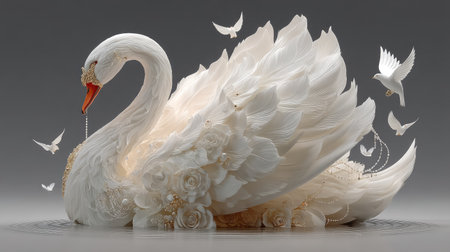 Beautiful white swan on the grey background. 3d renderingの素材