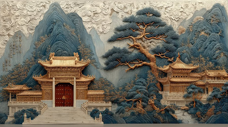 Ancient Chinese style painting on the wall of the temple in China.の素材