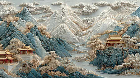 Korean traditional painting. Landscape with mountains and pagoda.の素材