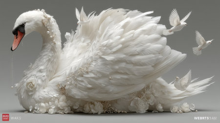 White swan with feathers on a gray background. 3d renderingの素材