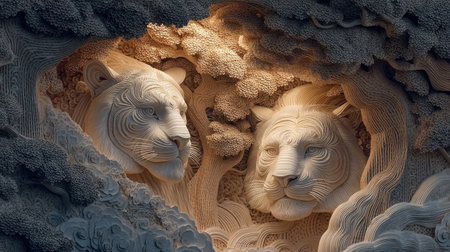 3D CG rendering of Lion and lion sculpture. 3D CG. High resolution.の素材