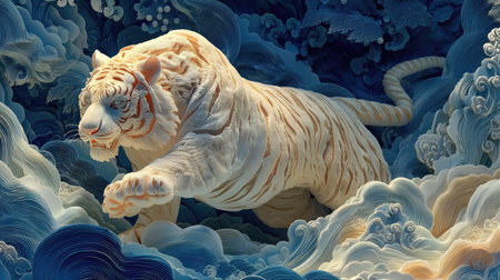 3d rendering of a white tiger on a blue background with cloudsの素材