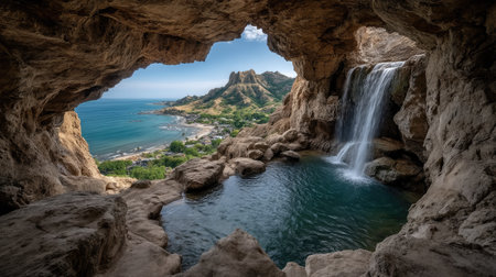 Waterfall in the cave, Crimea, Ukraine. Panorama.の素材