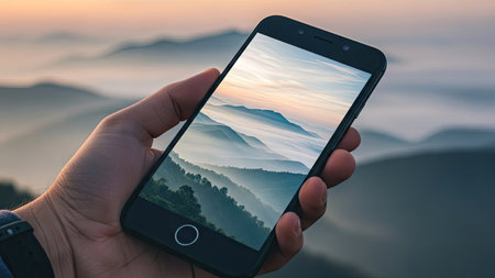 Hands of a man taking a photo of a mountain landscape with a smartphone.の素材