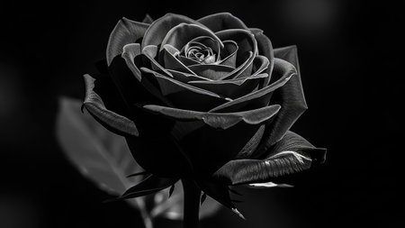 Black and white photo of a beautiful rose on a dark background.の素材