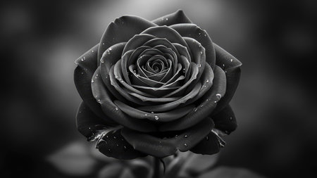 Black and white image of a beautiful rose with dew drops.の素材