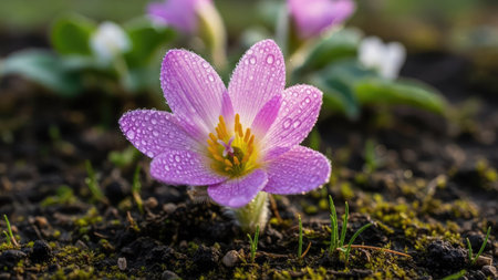 Purple crocus flower with water drops on the ground in springの素材