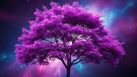 Tree in the night sky with stars and nebula. 3D renderingの素材