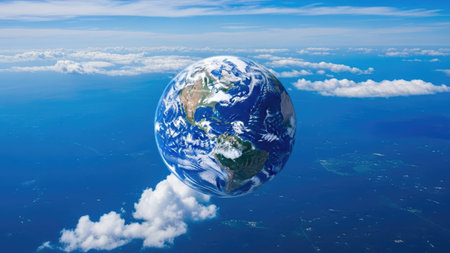 Earth planet on a background of blue sky with clouds. Elements of this image furnished by NASAの素材