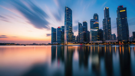 Singapore city skyline at sunset with skyscrapers reflected in the waterの素材