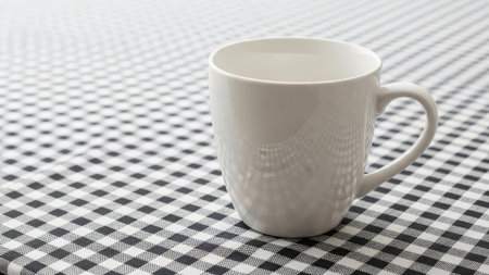 Coffee cup on checkered tablecloth, stock photoの素材