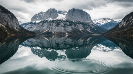Panoramic view of the lake and mountains reflected in the waterの素材