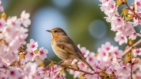A robin bird is sitting on a cherry blossom branch.の素材