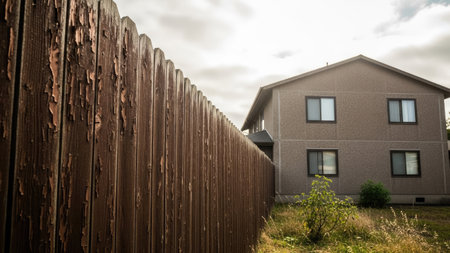 Wooden fence on the street of a modern residential area in the countrysideの素材