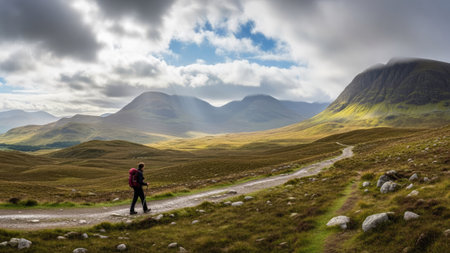 Man with backpack hiking in Scottish Highlands. Panoramic image.の素材