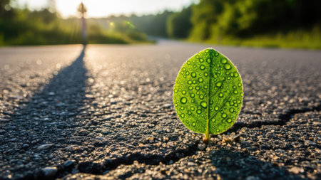 Young green sprout growing on asphalt road with sunlight. Nature backgroundの素材
