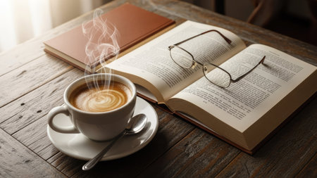 Cup of coffee with book and eyeglasses on wooden tableの素材