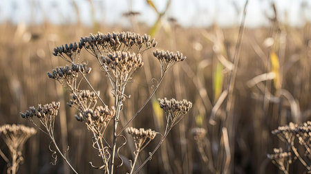 Dry grass in the field in autumn. Selective focus.の素材