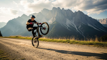 Bmx rider on the road in the Dolomites, Italyの素材