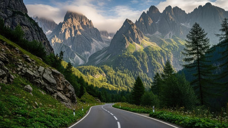 Beautiful panoramic view of the road in the Italian Dolomitesの素材