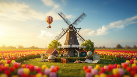 Miniature people in tulip field with windmill. 3d renderingの素材