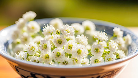White flowers in a bowl on a wooden table in the garden.の素材