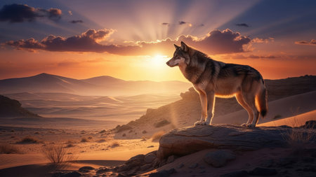 Canis lupus in the desert at sunset. 3d renderingの素材