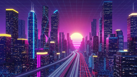 Futuristic city at night with neon lights. 3d renderingの素材