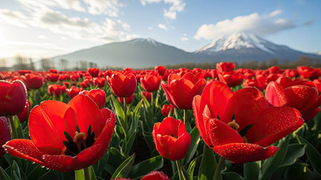 Red tulips and Mt. Fuji in the background at sunrise.の素材
