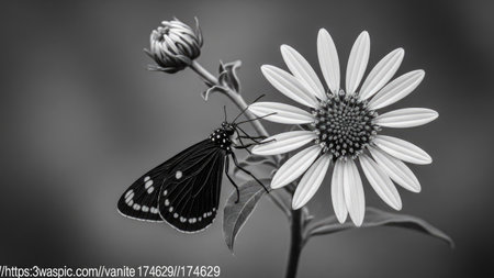 Black and white photo of a butterfly on a daisy flower.の素材