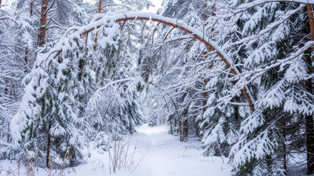 Beautiful winter landscape in the forest. Snow covered trees and trailの素材