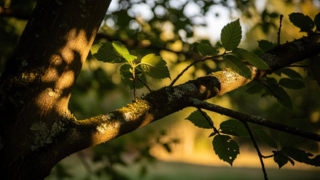 tree branch with green leaves in the sun lit by the rays of the sunの素材