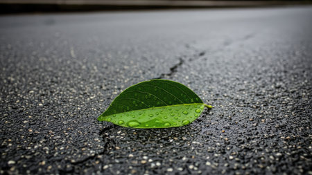 Green leaf on the asphalt road with rain drops. Nature background.の素材