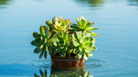 Succulent plants in a pot on the water surface with reflectionの素材