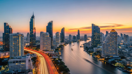 Bangkok cityscape with Chao Phraya River at twilight, Thailand.の素材