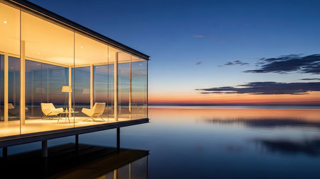 Sunset view of a modern villa with a sea view.の素材