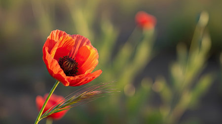 Red poppy flower with a butterfly in the field. Soft focus.の素材