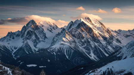 Snowy mountain peaks at sunset in Dolomites, Italy.の素材