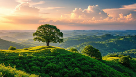 Mountain landscape at sunset with lonely tree on top of hill.の素材